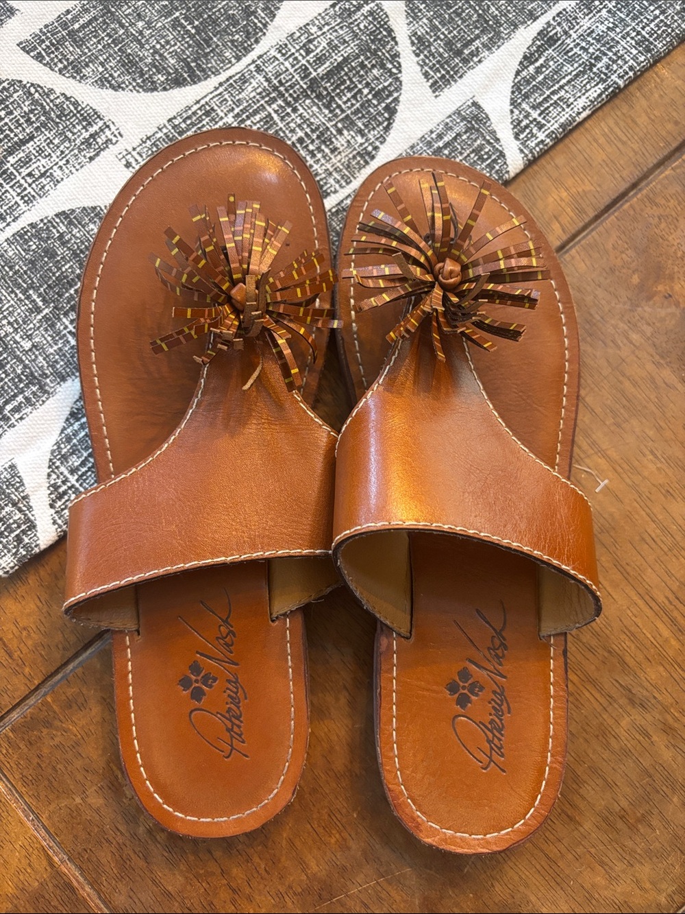 Patricia Nash Brown Leather Slide Sandals with Fringe Pom Accent